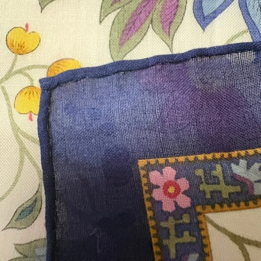 Vtg YVES SAINT LAURENT Scarf Handkerchief Floral Cotton Navy Blue 18.5